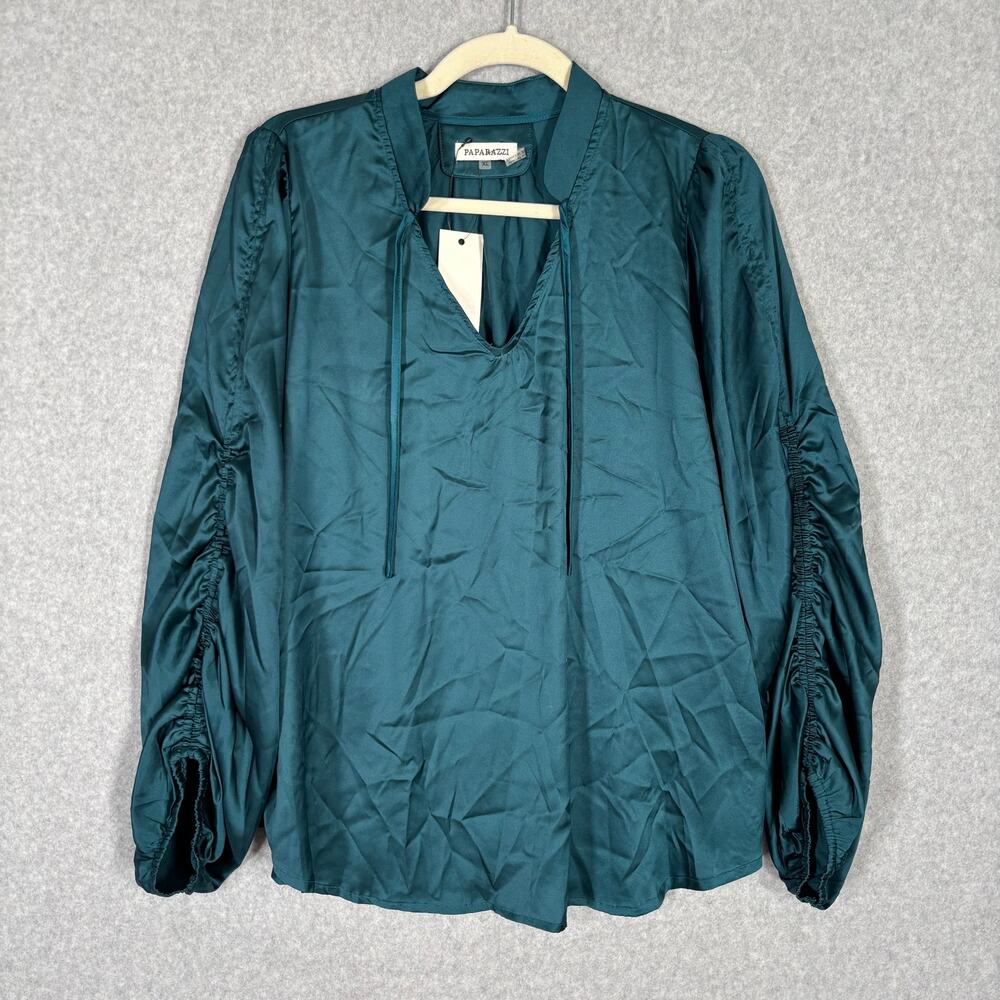 Paparazzi Blouse Womens XL Teal Satin Ruched Flowy Popover‎ Silky Career Office